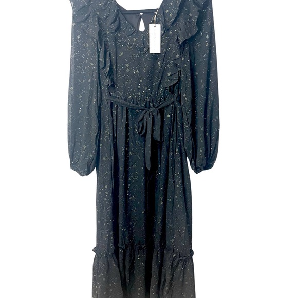 Anthropologie Moon River Midi Dress Black Chiffon Stars Long Sleeve SZ M  NWT - Picture 2 of 9
